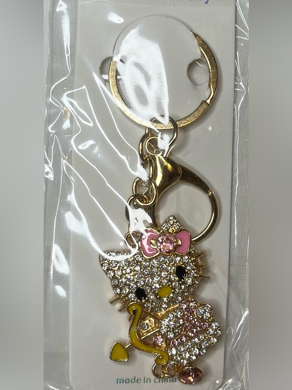 Gold-Tone Rhinestone Kitty Keychain Bag Charm with Pink Bow